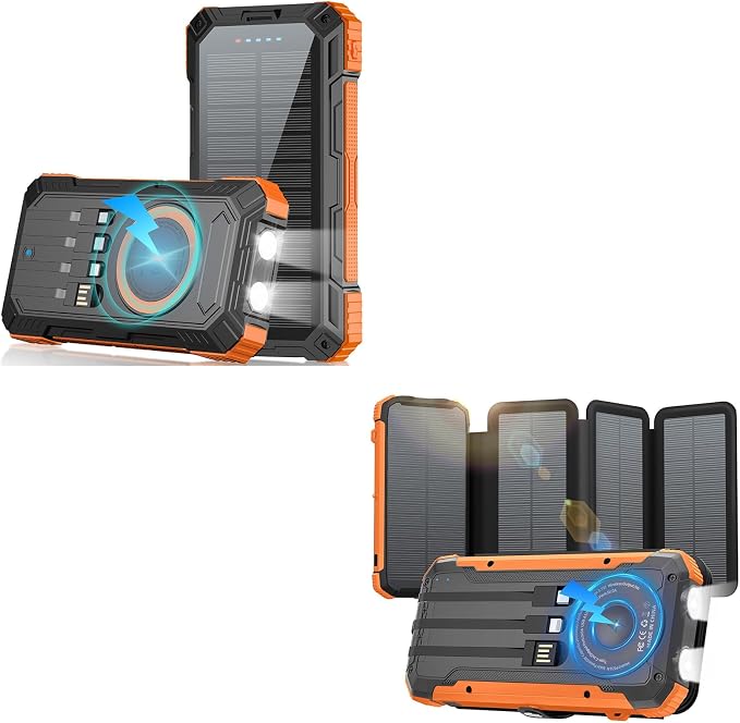 Solar Power Bank 49800mAh 22.5W QC3.0 Fast Charging Built in 4 Cables andNymzixt Solar Power Bank 20000mAh Portable Charger Built-in 3 Cables and Wireless Charging