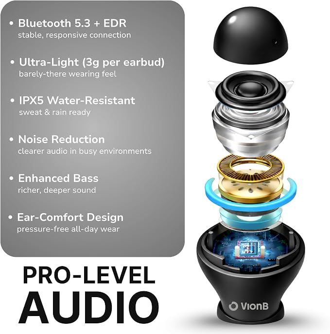 VionB Air Invisible Earbuds Wireless Bluetooth 5.4 for Small Ears, Mini Tiny Ear Buds, IPX5 Waterproof, Sound Isolating Fit, ENC Mic for Clear Calls, Discreet in-Ear Headphones (Matte Onyx)