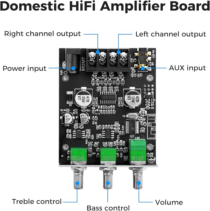 Daakro ZK-502MT Bluetooth Amplifier Board,50W+50W 2.0 Channel Amp Board with Treble and Bass Control,DC 9-24V, Bluetooth and AUX Inputs, Audio Amp Board for Home DIY Wireless Speakers, Password Free