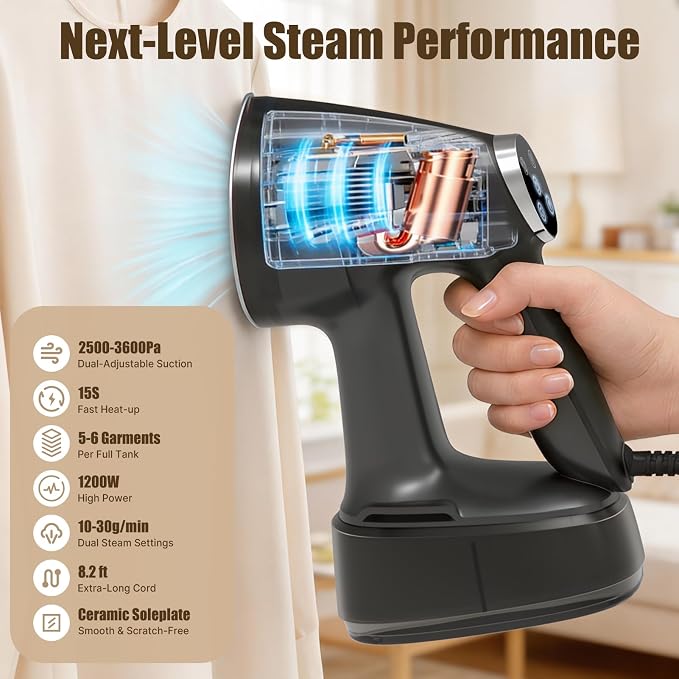 Vacuum Steamer for Clothes Handheld: 2500–3600Pa Adjustable Suction, No Leak & Stable Steam, Steaming & Ironing Portable Travel Garment Steamer, 400ml Tank, 4 Modes, 15s Heat-Up, 110-120V
