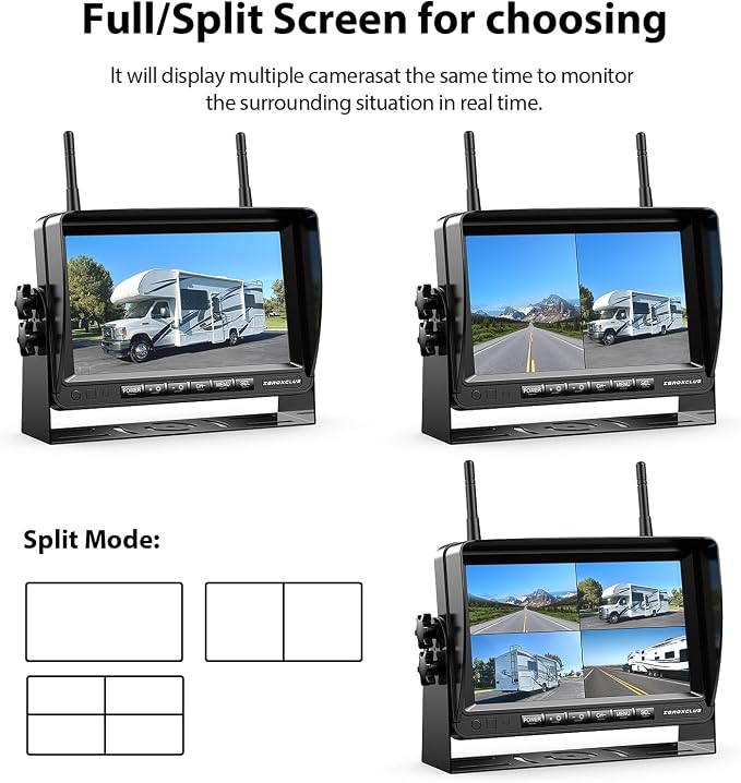Wireless Backup Camera System Kit, HD 1080P 7 Inch Monitor, IR Night Vision, No Interference Record, IP69 Waterproof Rear View Camera for RV/Truck/Trailer/Van/Bus-ZEROXCLUB SW02