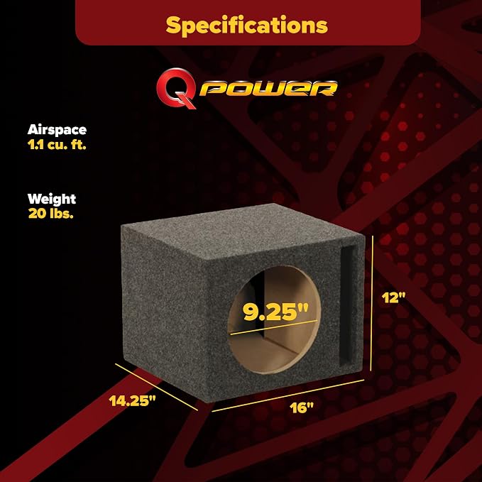 QPower Single 10-Inch Vented Unloaded Subwoofer Speaker Box – Solid 5/8-Inch MDF Car Audio Box with Charcoal Carpet Covering
