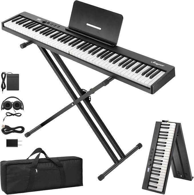 88 Key Full Size Portable Folding Electronic Keyboard Piano Set Built-in Speakers,Electric Piano Keyboard,Digital Piano,Power Adaptor,Bluetooth,Carrying Bag,Headphones,Note Sticker