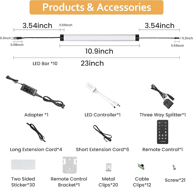 Under Cabinet Lights Kit, LED Smart Dimmable Strip Lighting Fixtures, 24V Plug in Linkable Bar LED Counter Lights for Pantry, Kitchen, Shelf, Bookcases, Showcase (10 PCS, Cold White)
