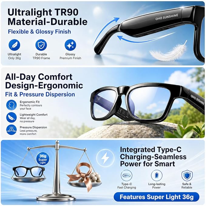 OhO sunshsine AI Glasses, Bluetooth Audio Sunglasses with 10H Playtime, ChatGPT Translation & Water Resistant Open Ear Glasses