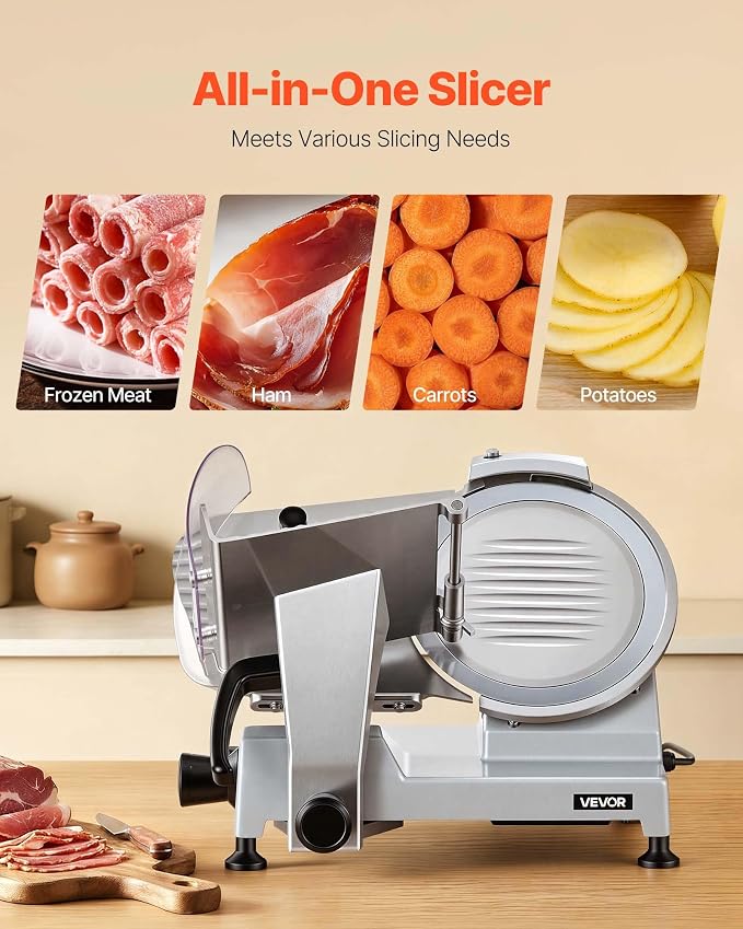 VEVOR Commercial Meat Slicer, 10 inch Electric Food Slicer, 240W Frozen Meat Deli Slicer, Premium Chromium-plated Steel Blade Semi-Auto Meat Slicer For Commercial and Home use