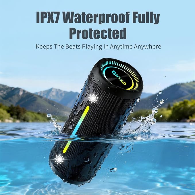 Bluetooth Speaker Wireless Loud Stereo Sound IPX7 Waterproof Outdoor Portable 25W Super Bass Speakers for Home Party Beach with 24H Playtime Colorful Lights BT 5.3 TWS Pairing Birthday Gift Black