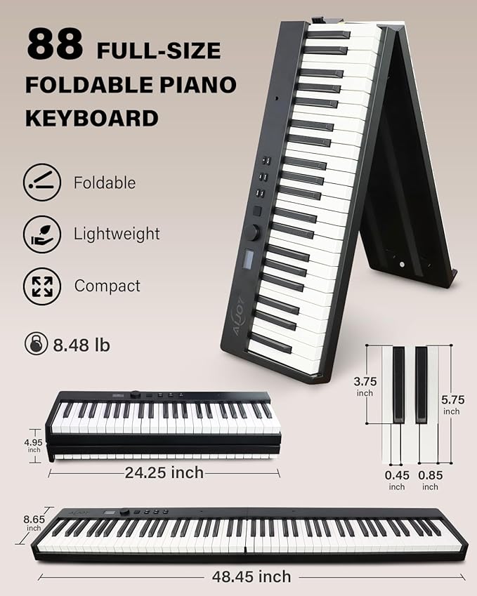 AiJoy 88-Key Piano Keyboard Portable Folding Piano with Semi-Weighted Keyboard, USB-MIDI, Sustain Pedal and Stand, Electric Keyboard Piano for Beginners, Black