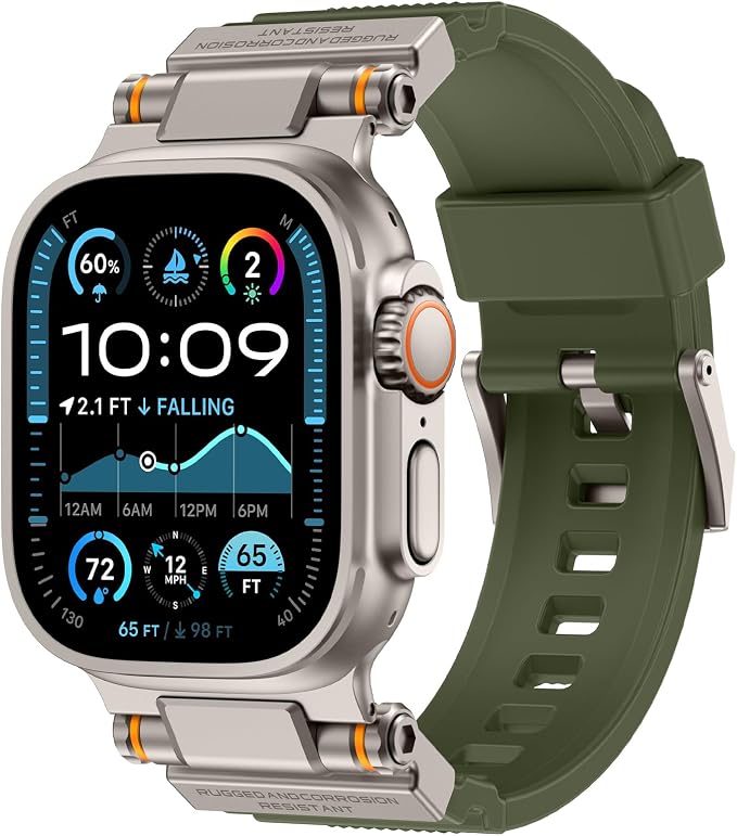 FOAMUNOC Rugged Band Compatible with Apple Watch Ultra 3/2/1 Band 49mm/46mm/45mm/44mm/42mm, Metal Connector with Strap for iWatch Ultra Series 11/10/9/8/7/6/SE3/SE2/SE/5/4/3/2/1, Army Green/Titanium