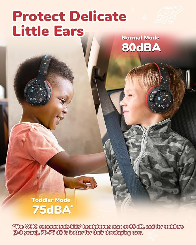 iClever BTH27 Toddler Headphones for 2+ Year Old-CPC Certified, 75/80dBA Safe Volume Limited, 74H Playtime, Bluetooth 5.4, BPA Free, Kids Bluetooth Headphones Aux Cord for Travel iPad, Black