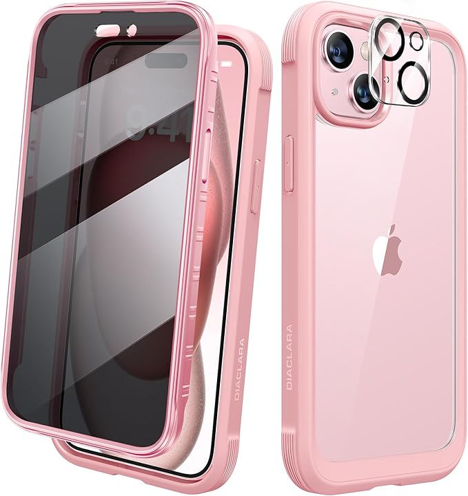 Diaclara Designed for iPhone 15 Plus Case 6.7 Inch,Upgraded Full Body Rugged Clear Bumper Case with Built-in Privacy Screen Protector for iPhone 15 Plus,Pink