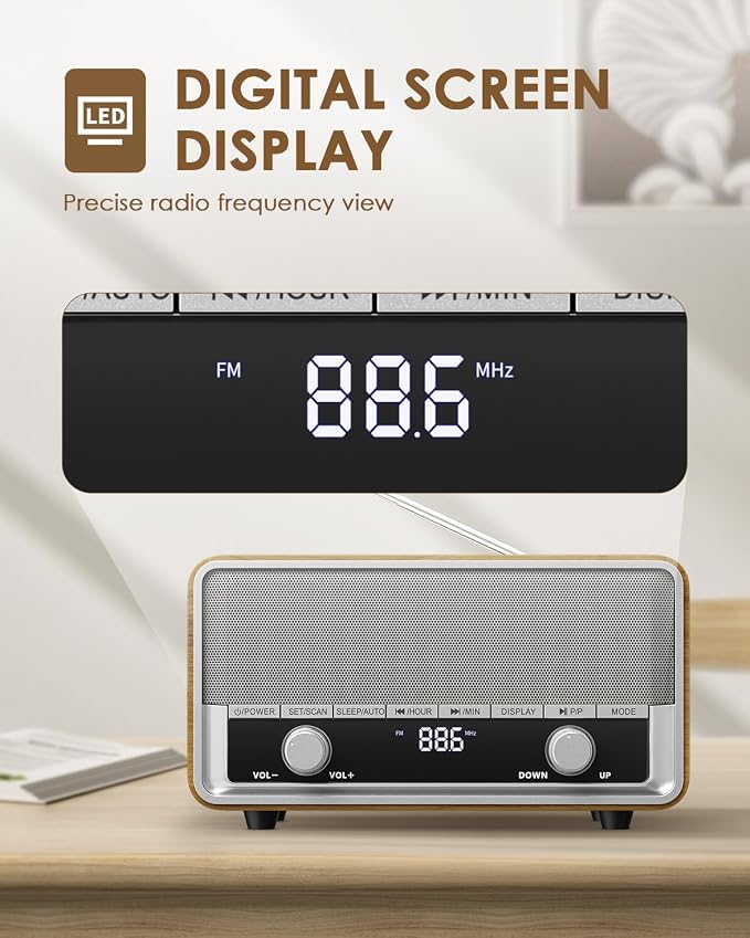 Vintage Wood AM FM Bluetooth Radio Plug in Wall, Digital Radio with Time Display | No Alarm | Sleep Timer |40 Presets, Retro Bluetooth Speaker for Office, Kitchen (Light Walnut)