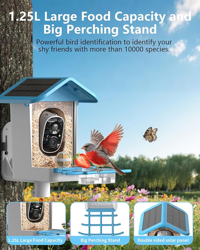 Bird Feeder with Camera, 2K Smart BirdCamera with Solar Powered, AI Identify Birds Species, Instant Arrival Alerts, 2.4Ghz WiFi Bird House for Outdoors, Ideal Gift for Family and Bird Lovers (Blue)
