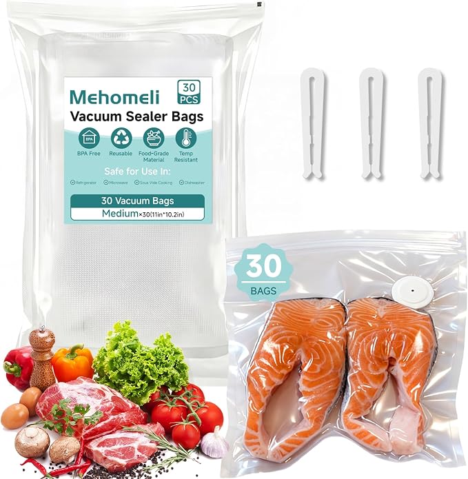 Reusable Vacuum Sealer Bags for Food – 30 BPA-Free Medium (11in × 10.2in) Food Storage Bags, Freezer Microwave Safe– Odor Resistant, Leak-Proof – Compatible with Handheld Vacuum Sealers