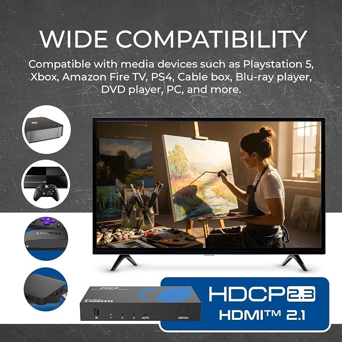 OREI 8K 3-Port HDMI 2.1 Switch, 3-in 1-Out, 8K@60Hz, Manual & Auto Switch