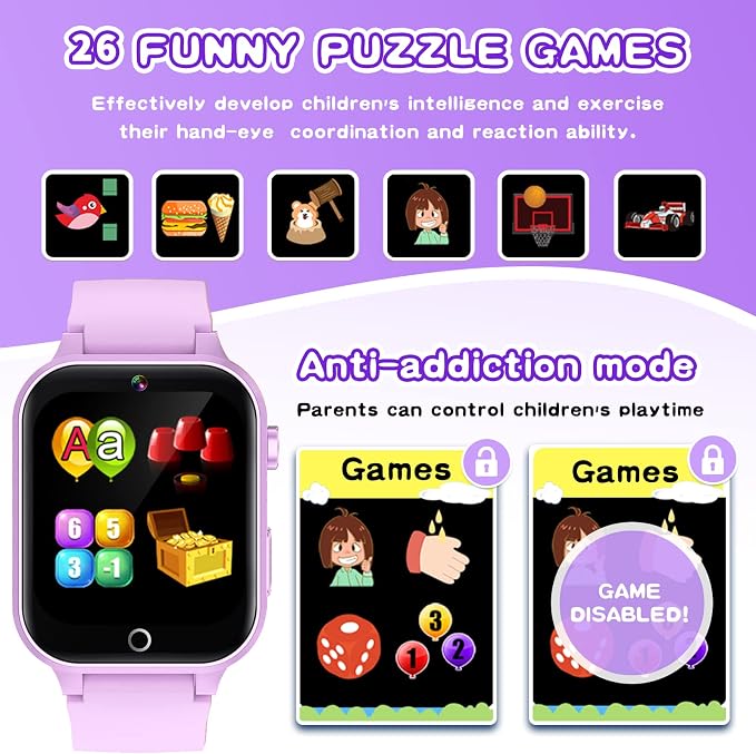 Kids Smart Watches Girls Age 5-12, 26 Games High-Resolution Touchscreen Kids Watch with Video Camera Music Player Pedometer Flashlight 12/24 hr Educational Toys Birthday Gifts for Girls Ages 6 7 8