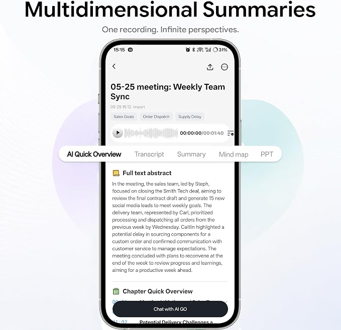 AI Voice Recorder with Real-Time AI Voice Chat – Efficient AI Transcription & Summarization, AI Noise Cancellation, One-Click Generate, 64GB Audio Note Taker for Meeting Lecture (126+ Languages)