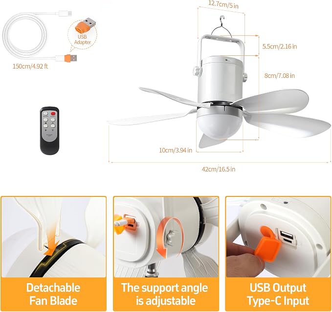 HZZ 17''Ceiling Fan Light, USB-C Fast Charge, DC Brushless Quiet Fan, RF Remote, Battery Operated Camping Fan, for Outdoor Gazebo Patio Greenhouse Canopy Tent Garage RV Emergency Use