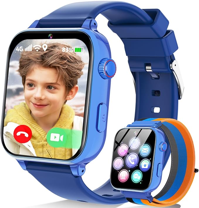 4G Kids Smart Watch Phone GPS, Smartwatch for Boys Girls Ages 4-12 Years with Video Call Chat Class Mode SOS Camera Alarm Games Parental App Touch Watch Gifts for Children (Includes SIM Card) Blue