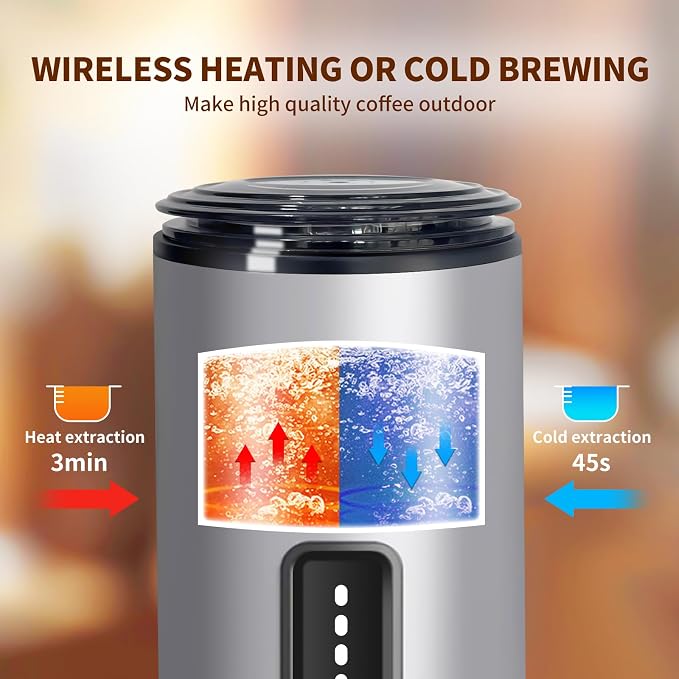 Portable Espresso Machine, 20Bar Self‑Heating & Cold Brew Coffee Maker, Rechargeable 7500mAh, 3‑in‑1 for Nespresso & Ground Coffee, Travel Coffee Machine for Camping Car (Silvery)