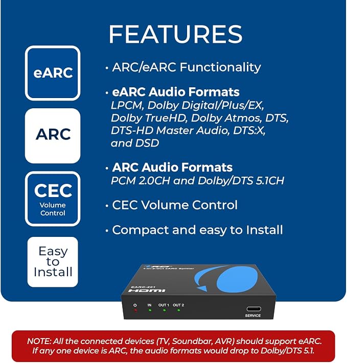 OREI eARC Audio Splitter 1 in 2 Out – HDMI ARC/eARC Audio Extractor & Splitter, Dolby Atmos, DTS:X, TrueHD, CEC Volume Control, Dual Soundbar Audio Adapter