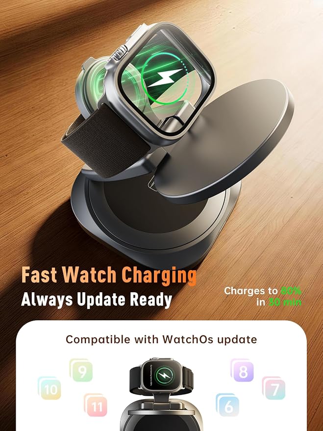 3-in-1 Foldable Qi2.2 25W Magnetic Wireless Charger Stand for iPhone Black | 360° Rotatable Charging Station for Airpods & Apple Phone Watch Earbuds for Travel Desk Home (No Adapter)