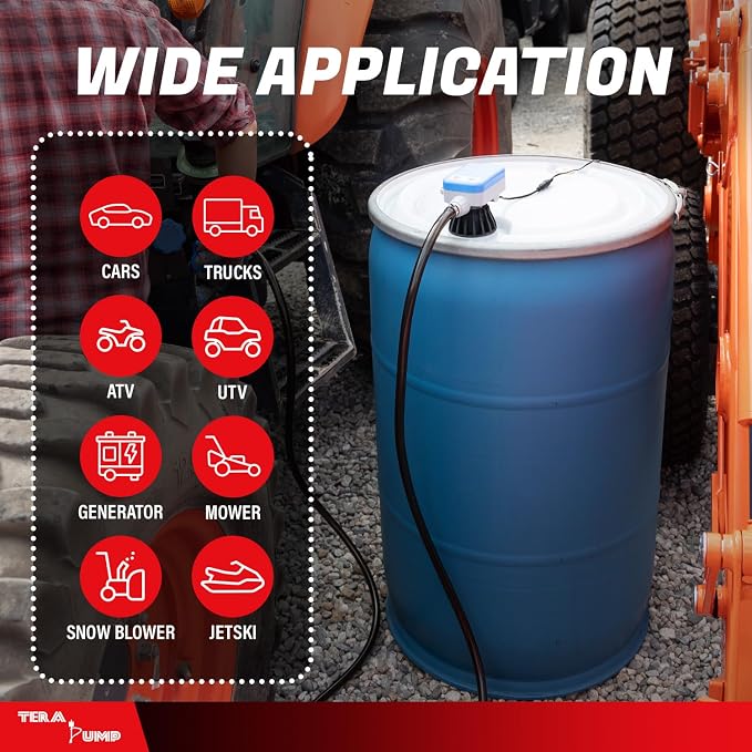 TERA PUMP Electric Powered 55 Gallon Drum Barrel Pump, 2.4GPM | Quick Stop Flow Control Nozzle, 9.8-ft XL Heavy-Duty Vinyl Hose, 39" Flexible Intake Hose, For DEF, Antifreeze, Washer Fluid