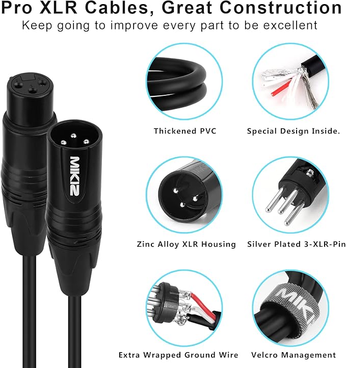 XLR Cables for Microphone 25 Feet 10 Pack - Pro Balanced XLR Patch Audio Cables 3-Pin XLR Male to Female