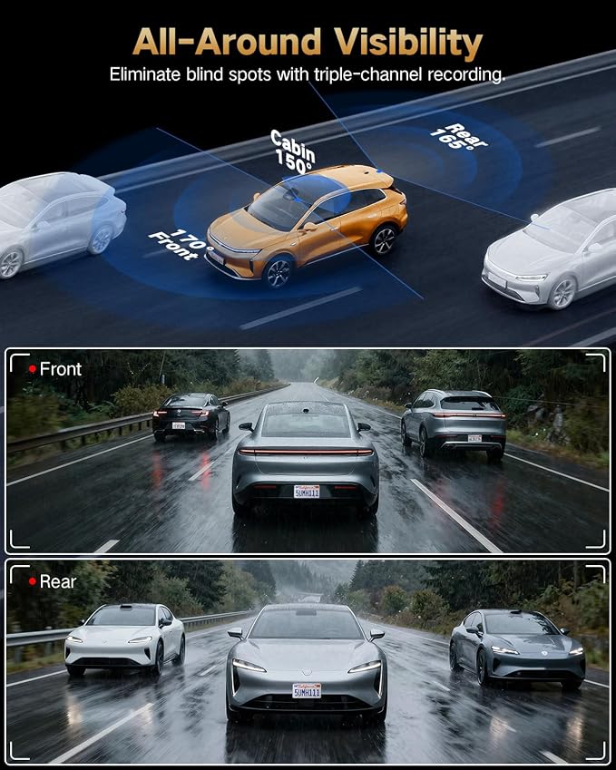 4K Dash Cam Front and Rear Inside, 3-Channel Cars Camera Dash with 170° Wide Angle, Free 64GB SD Card, 5.8GHz WiFi, Night Vision, G-Sensor, Loop Recording, Parking Monitor, USB C, Max 256GB