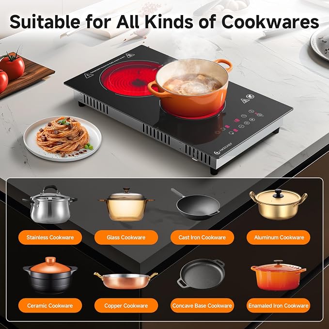 AMZCHEF 2-Burner-Electric-Cooktop-Electric-Stove, 12 inch Plug in Stove Top 110V-120V, 2 Burner Hot Plate with 1800W & 9 Power Levels, Residual Heat Indicator, Over-Temperature Protection