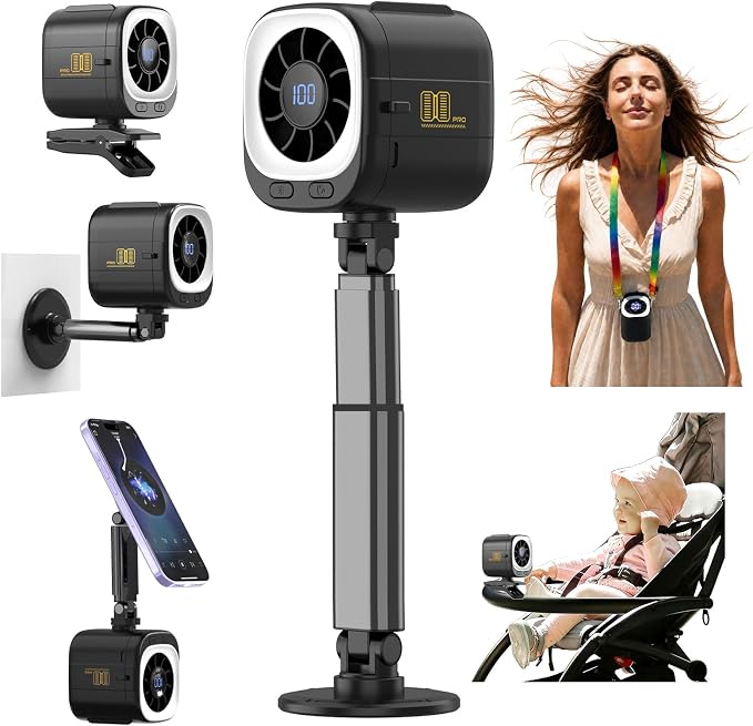 Portable Fan Handheld Turbo Fan Desk Fan Car Fan with 3 Level Adjustable Lighting Rechargeable Fan with Magnetic Clip on Fan Stroller Fan Golf Car Fan Personal Cooling Gifts (Black)