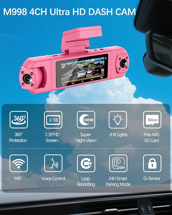 4 Channel Dash Cam,360 Degree, Front and Rear Inside Dash Cam for Cars, APP Control, Built-in WiFi,8 IR Night Vision, Parking Mode, Loop Recording, Fre 64G SD Card, Voice Control,3K+1080P x3