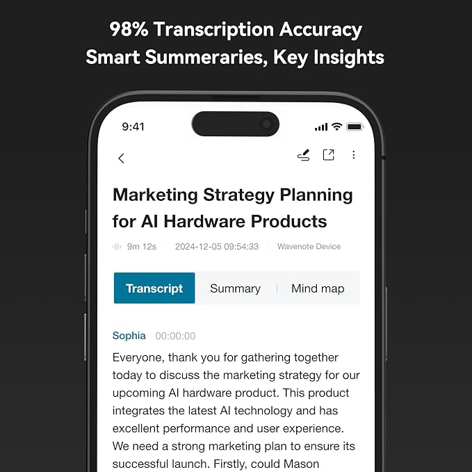 WaveNote AI Voice Recorder, Transcribe & Summarize Recorder, 42 Hours Continuous Recording, Support 112 Languages, 64GB AI Recorder for Meetings, Lectures, Calls,Multi-Speaker Voice Recognition