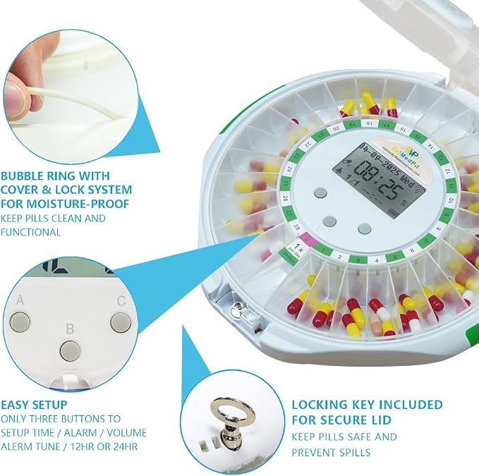 WiFi Automatic Pill Dispenser with Remote Operation via App for Caregivers | Up to 9 Alarms & Sound-Light Reminders for Parkinson & Alzheimer Patients, Real-Time Monitoring & Adherence History Tracking