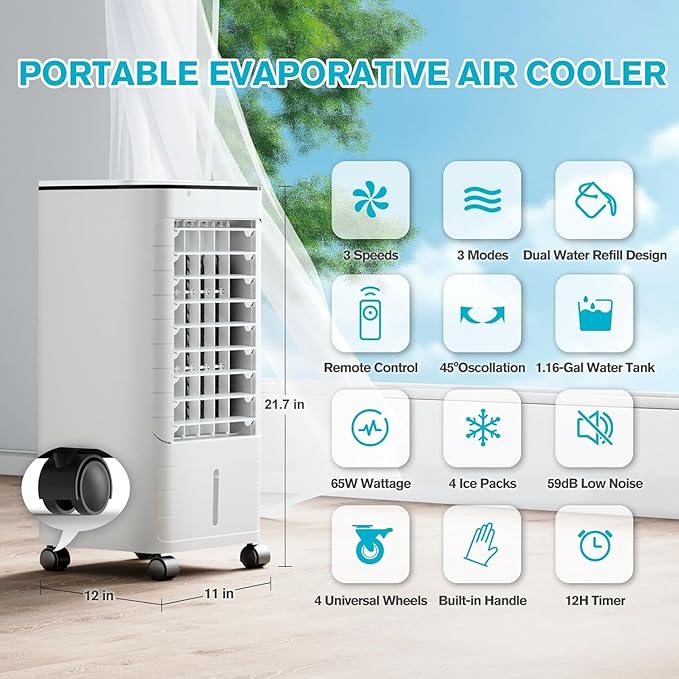 Windowless Portable Air Conditoners, 3-IN-1 Portable AC with Remote, 3 Modes 3 Speeds, 1.16Gal Tank & 12H Timer, 45° Oscillation, Fast Cooling Quiet Ventless Swamp Cooler for Room Home Office, Pearl