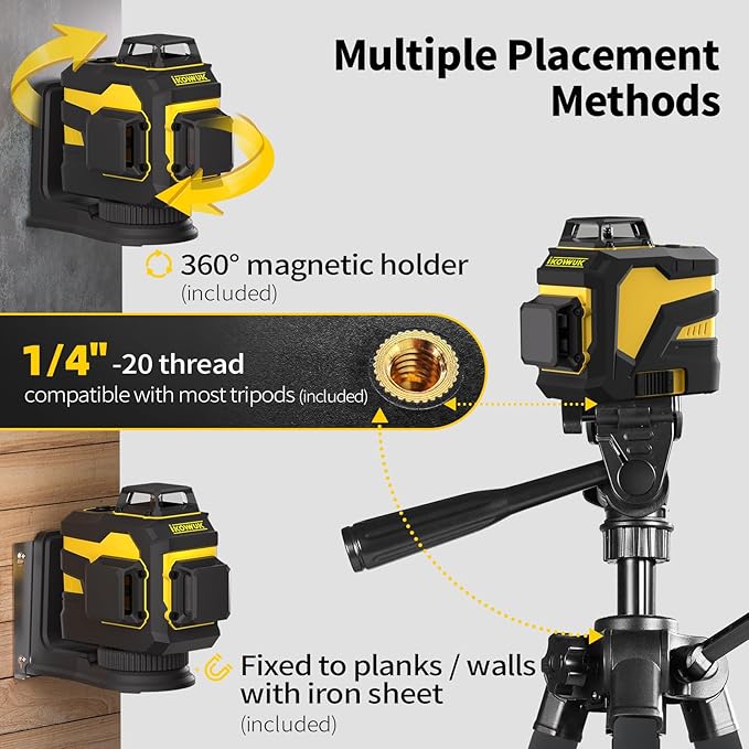 IKOVWUK Laser Level with Tripod, 3x360° Cross Line Laser for Construction and Picture Hanging, Level Tool with 5200 mAh Rechargeable Battery, Compact Adjustable 59.8-inch Tripod, Remote Control
