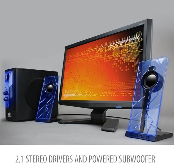 GOgroove BassPULSE 2.1 Computer Speakers with Blue LED Glow Lights and Powered Subwoofer - Gaming Speaker System for Music on Desktop, Laptop, PC with 40 Watts, Heavy Bass