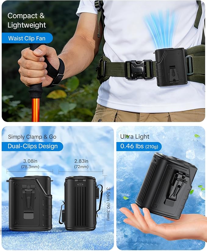 W & O Portable Fan Rechargeable,Personal Waist Clip on fan 4 Speeds & Flashlight Hands-FreeHanging Neck Fan, 20H Cooling For Outdoor Camping Travel (Black)