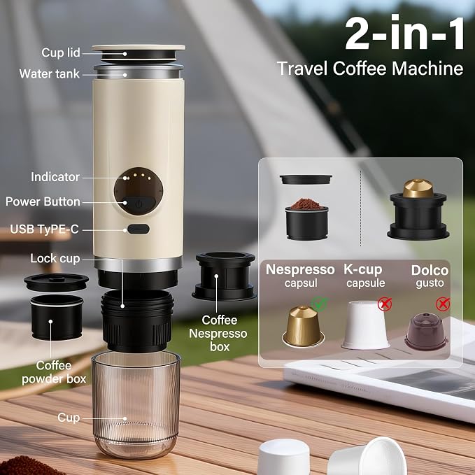 Portable Travel Espresso Maker,20-Bar Camping Espresso Coffee Machine for Travel Car,Electric Self-Heating with Battery Operated,Rechargable,Ground Coffee& Capsule Compatible,80 ml Cup,White