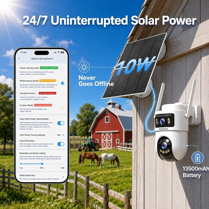 2K Dual Lens 4G LTE Solar Outdoor Security Camera, No WiFi Needed | 24/7 continuous recording,10W solar panel,13500mAh battery,human auto tracking,Ideal for farm&construction site,cabin,barn