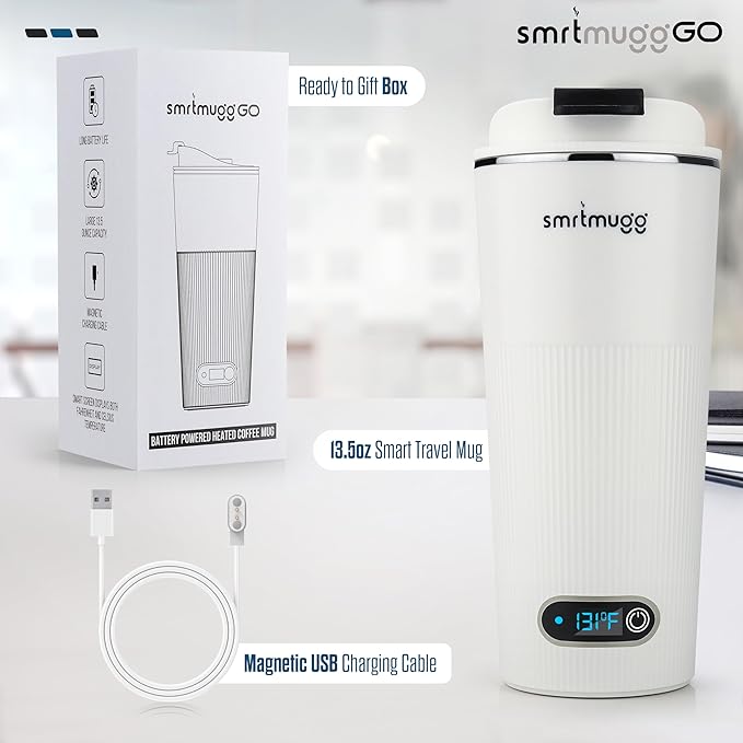 SmrtMugg GO Heated Coffee Mug, Travel Mug, 13.5 OZ. Smart Mug, Battery Powered Heated Coffee Mug, Great for Coffee and Tea, Snap on Magnetic Charging Cord, New and Improved (White)