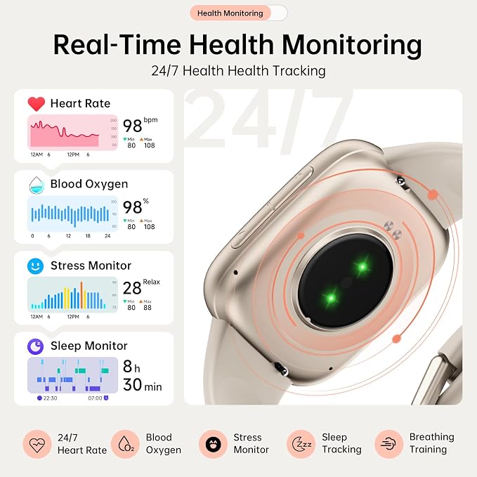 Smart Watches for Women Men, 1.85" HD AMOLED Smart Watch for Android iPhone, 3ATM Waterproof, Bluetooth Calls/Messages, SpO2/Heart Rate Monitor, Sleep Tracker, 120+ Sports Modes Fitness Watch, 2 Bands