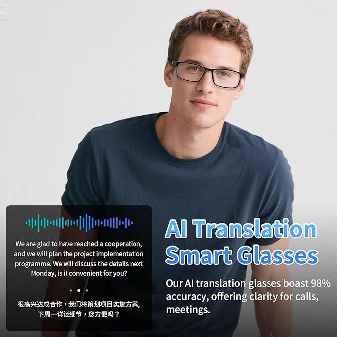 AI Glasses for Men Women Powered by ChatGPT, Bluetooth Smart Glasses with AI Translation(165+ Language), AI Noise Cancellation Via APP, Blue Light Filtering & Ultra-Slim Detachable Arms for Working
