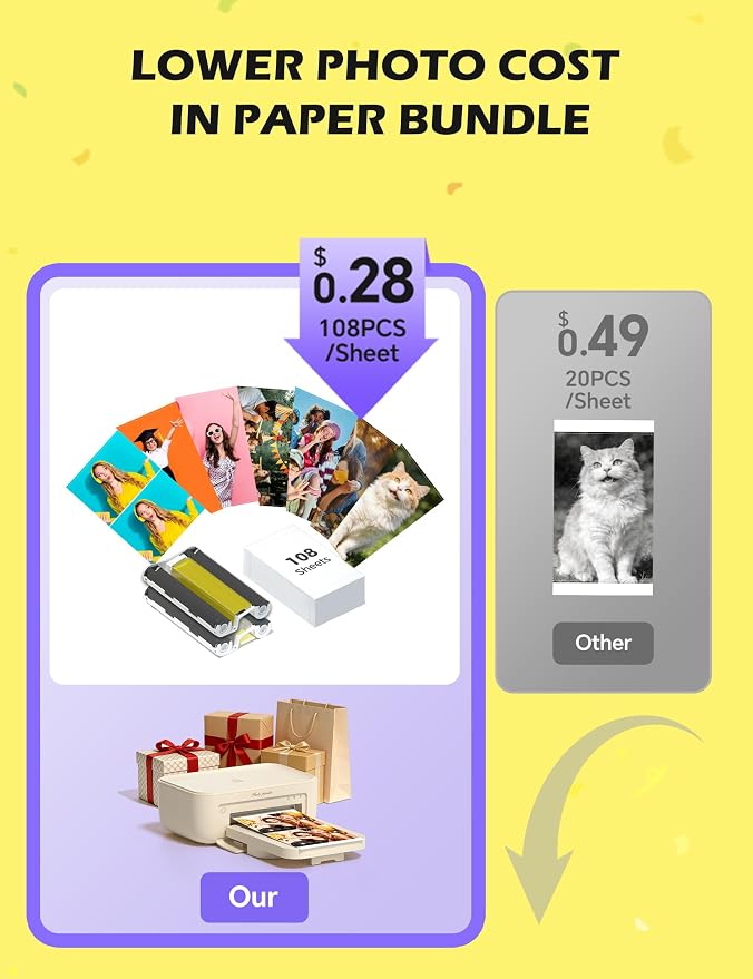 iDPRT 4x6 Photo Printer, CP4100 Photo Printer for iPhone & Android with 108 Sheets & 2 Cartridges, Wi-Fi Wireless Portable Picture Printer, Instant Print Photos, Dye Sublimation, Beige