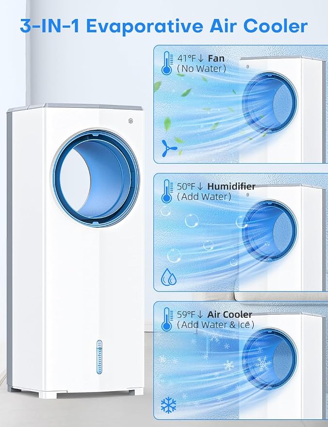 Windowless Air Conditioner, 27" Bladeless Evaporative Air Cooler with 4 Modes & 3 Speeds, Double Tanks, 4 Ice Packs, 25FT Remote,7H Timer, Portable Swamp Cooler Air Conditioner No Window Needed