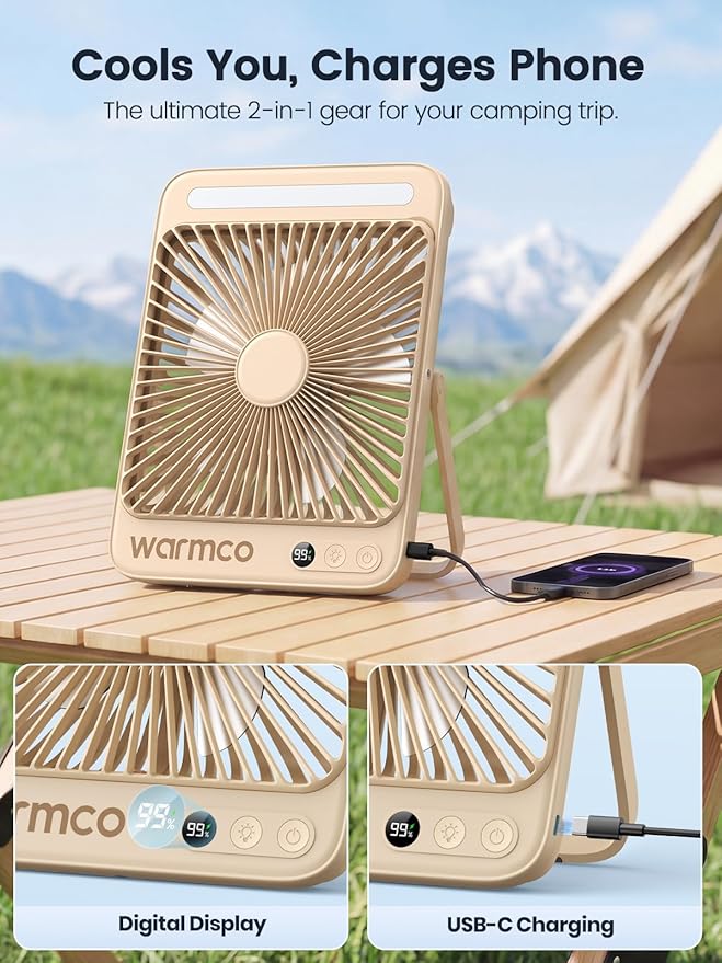 Warmco D4 Battery Powered Camping Fan 20000mAh, LED Lantern | Up To 48H Runtime, Ultra-Slim Quiet 8-Inch Fan, Digital Display & Hook For Tent, Bedroom, Outdoor & Travel