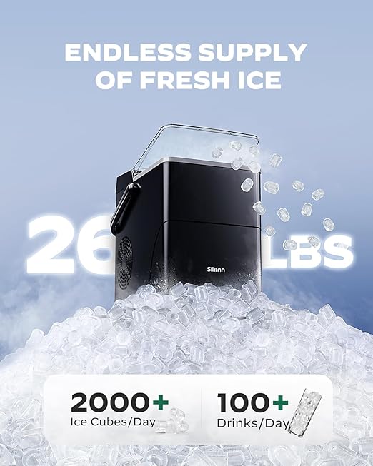 Silonn Countertop Ice Maker with 2.5L Expandable Ice Basket, 26.5lbs/24H, 9 Cubes in 6 Mins, 2 Ice Sizes, Self-Cleaning & LED Touch Control for Home Kitchen Office