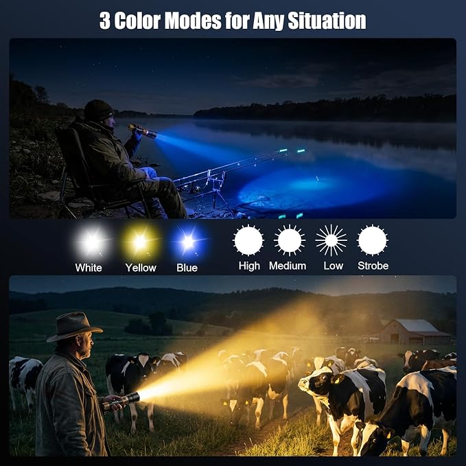 SKYFIRE Flashlight with Ignition Lens&Yellow/Blue Light,3000lm Super Bright Rechargeable Flashlights High Lumens,Zoomable,Waterproof Tactical Flashlight for Camping,Outdoor &Gifts