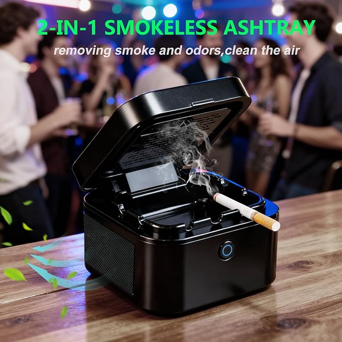 Multifunctional Smokeless Ashtray with HEPA Filter,Rechargeable Air Purifier for Cigarette Smoke,Portable Ashtray for Indoor & Outdoor Use (Black)