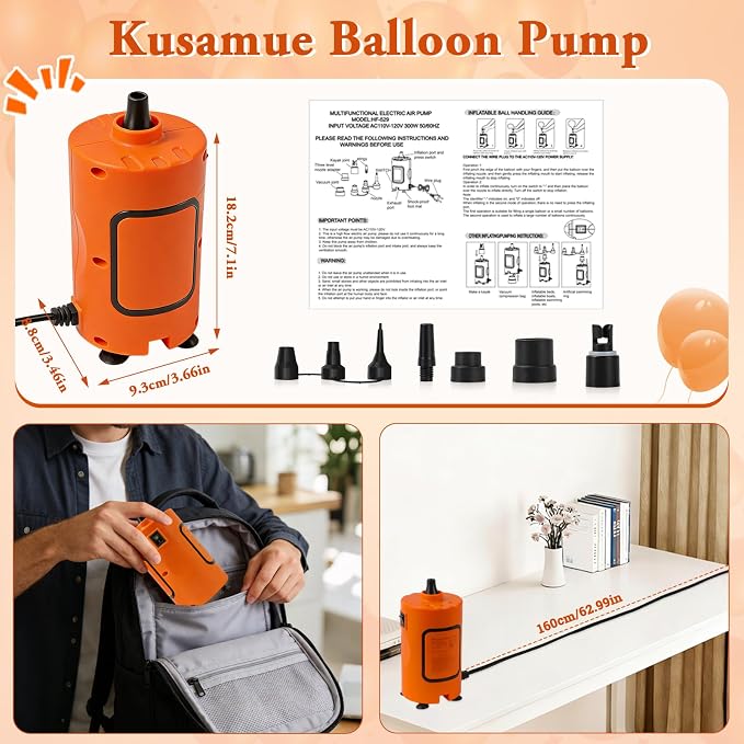 Balloon Pump Electric, Portable Balloons Inflator Air Pump, 110V Small Electric Balloons Blower Machine Corded for Latex Foil Balloon Arch Garland Party Decorations Supplies(Orange)